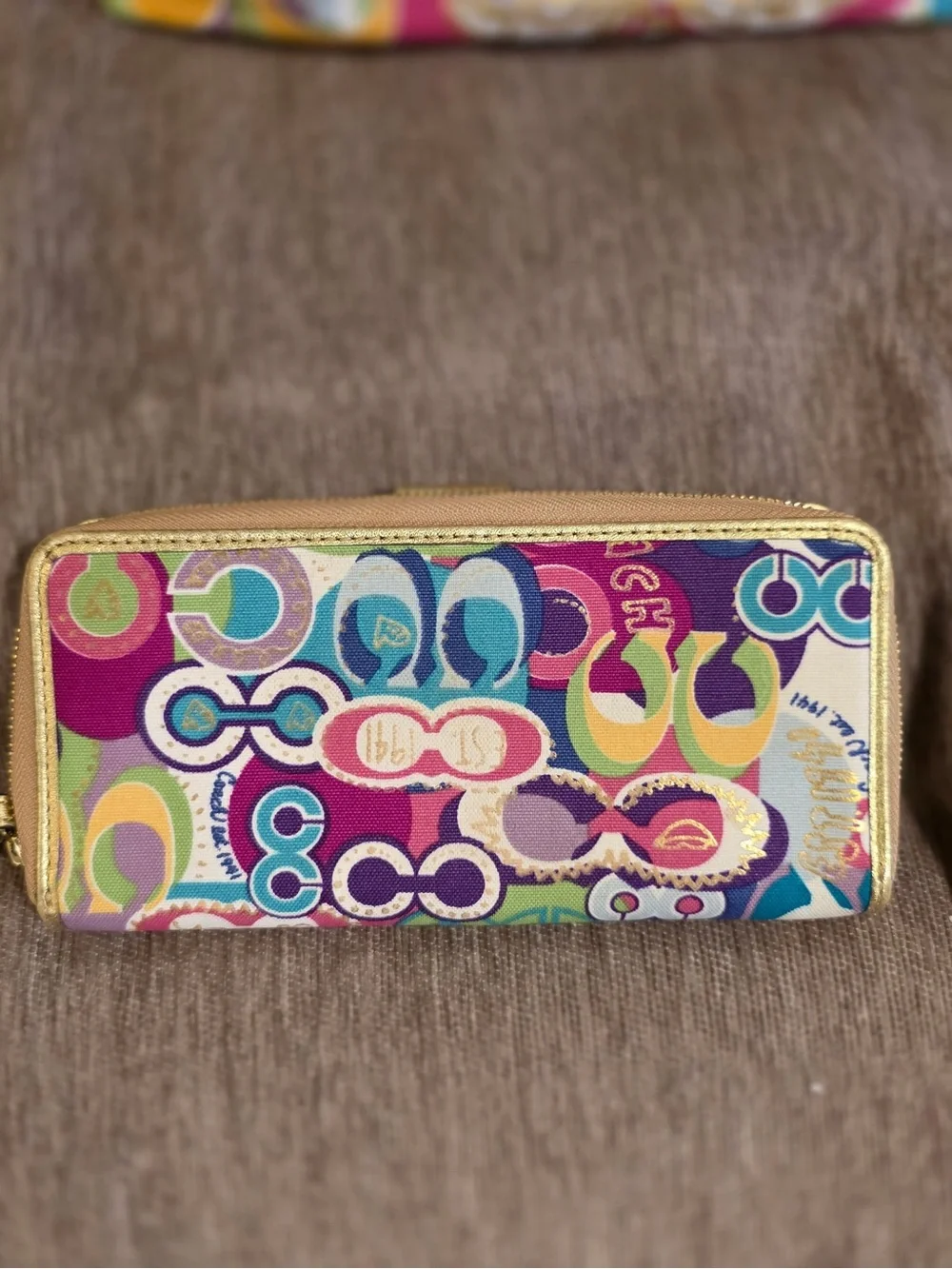 Coach Multicolor Signature Pattern Wallet with Gold Trim